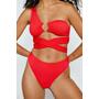 Red Crinkle Ring One Shoulder Tie Up Bikini Set 