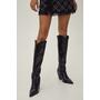 Black Wide Fit Faux Leather Croc Knee High Western Boots 
