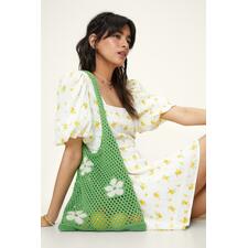 Green Floral Crochet Tote Bag 