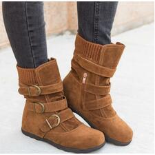 Winter buckled calf women's boots, winter women's warm zipper boots, plain flat shoes, large size women's casual boots