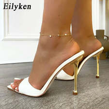 Eilyken Summer New Women Slippers Snake Print Mule High Heels Shoes Sandals Sexy Pointed Toe Metal Heel Slides Party Dress Shoes