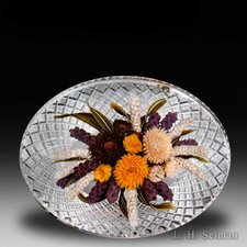 David Graeber 2011 'Fall Chrysanthemum Bouquet' oval basket cut paperweight. by David Graeber