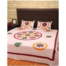Coral Pink Cotton Floral Patch Work Bed Sheet (Set Of 3 Pcs)