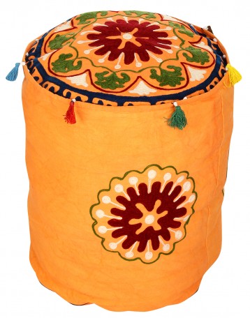 Embroidered Cotton Gorgeous Round Floral Orange Pouf Cover 