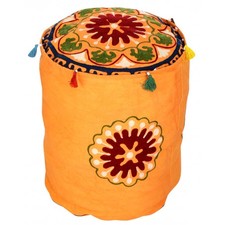 Embroidered Cotton Gorgeous Round Floral Orange Pouf Cover 