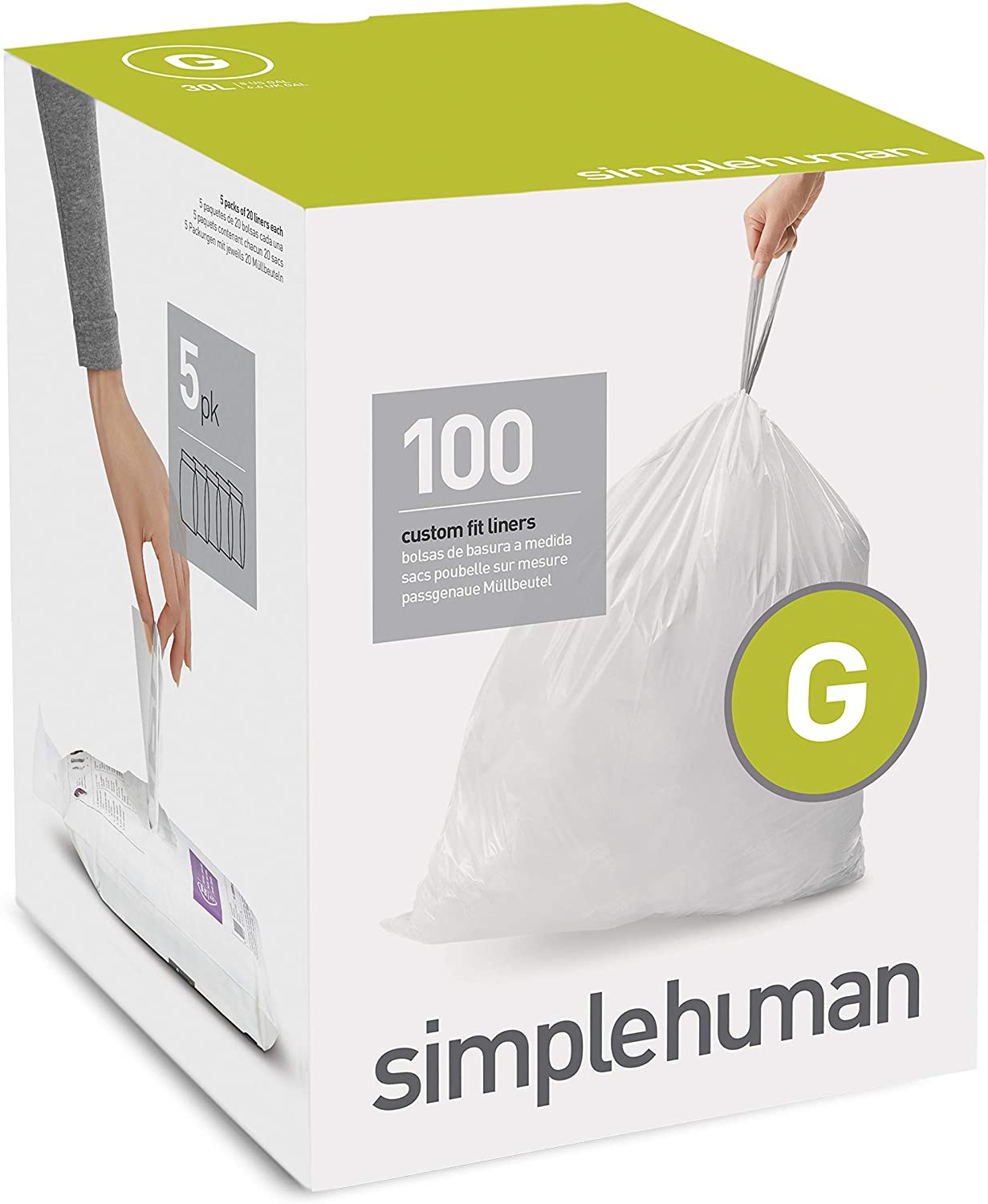 Simplehuman Code G Custom Fit Drawstring Trash Bags 30 Liter / 8 Gallon, White, 100 Count, Liners Easy-Open Packaging
