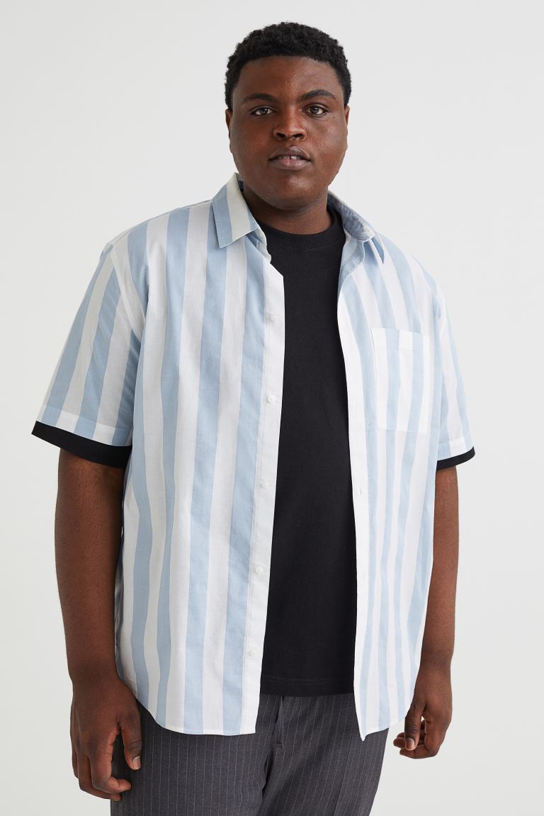 Regular Fit Cotton Shirt - Light blue/white striped - Men 