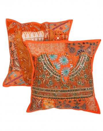 Gorgeous Floral Patch Work Orange Cushion Cover (Set Of 2) 
