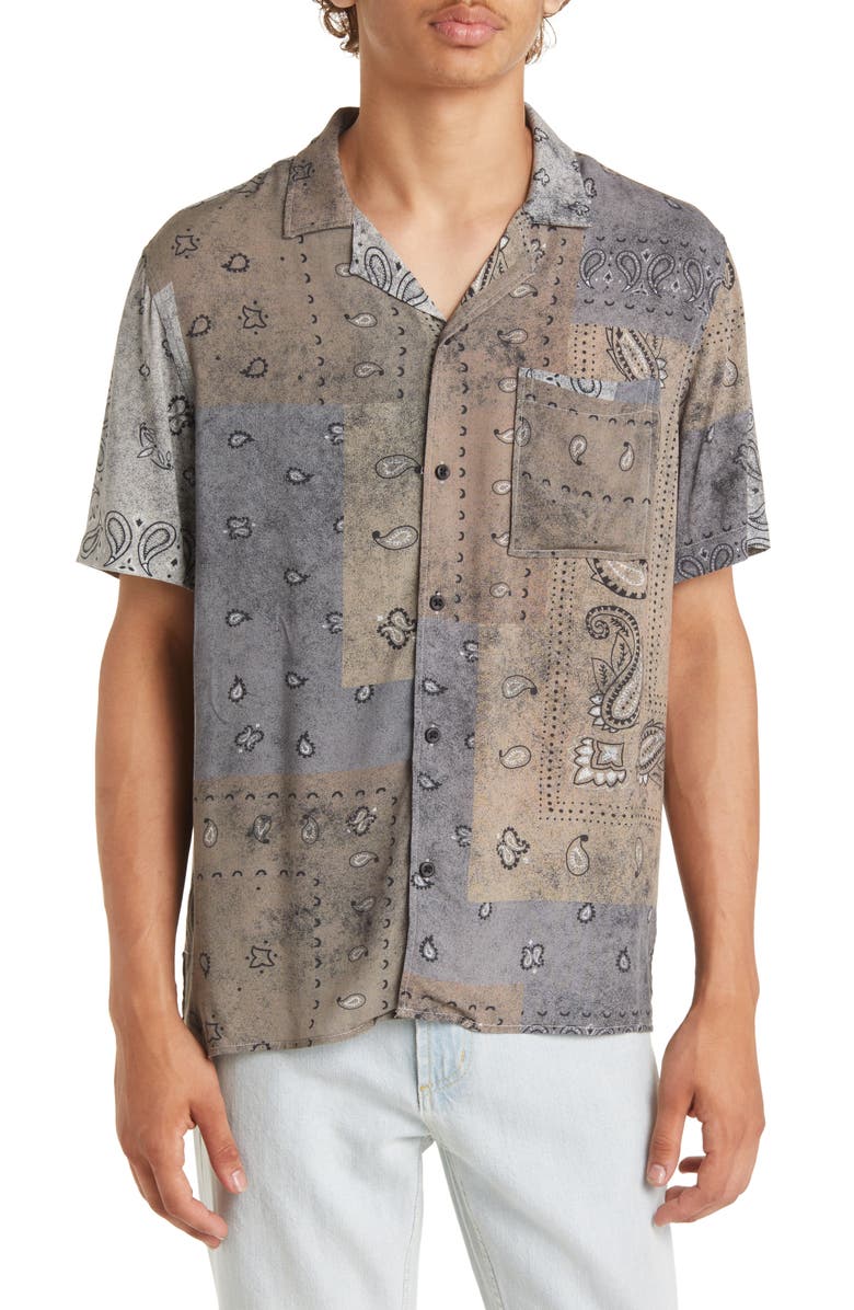 BP. Bandana Print Short Sleeve Button-Up Camp Shirt, Main, color, TAN- GREY BANDANA