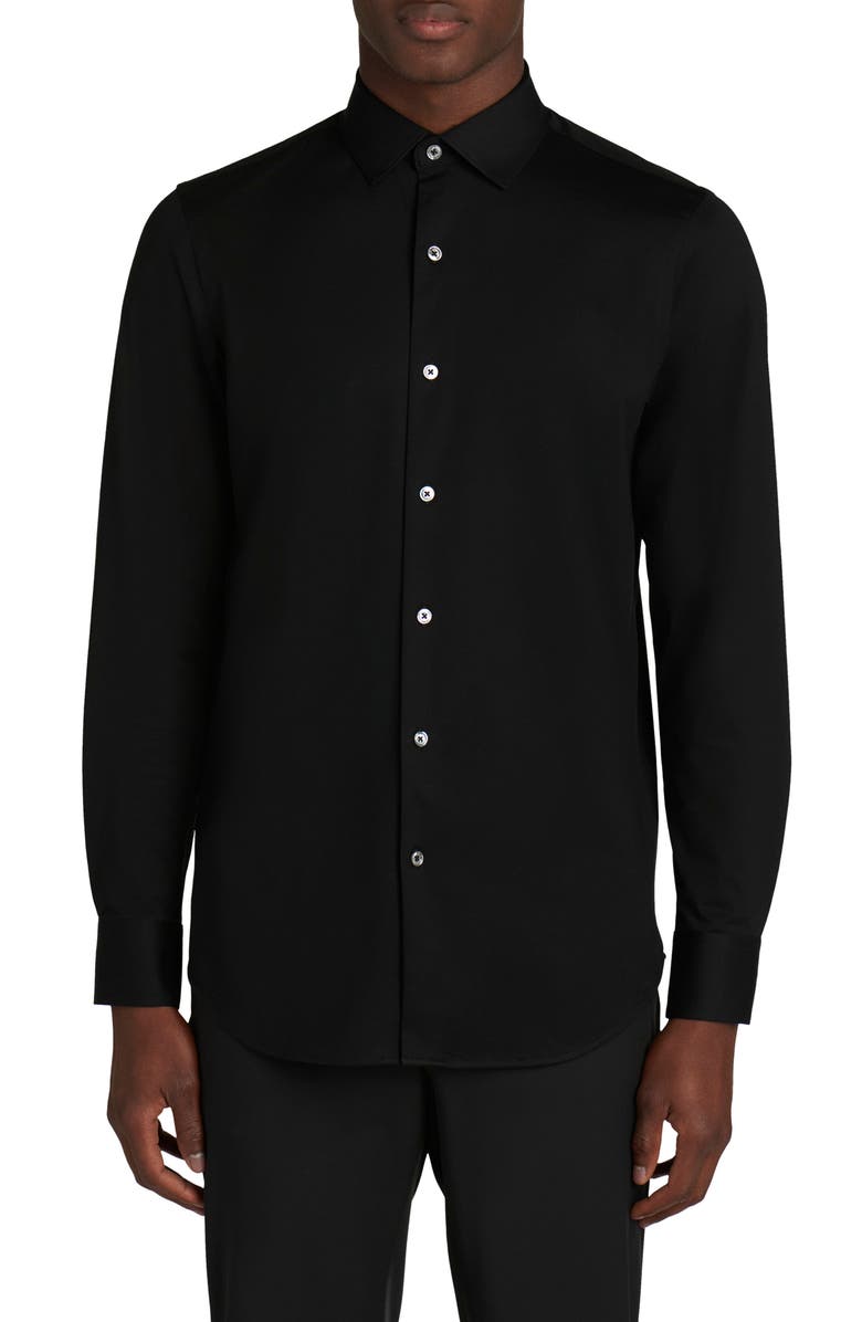 BUGATCHI Tech Solid Knit Stretch Cotton Button-Up Shirt, Main, color, BLACK