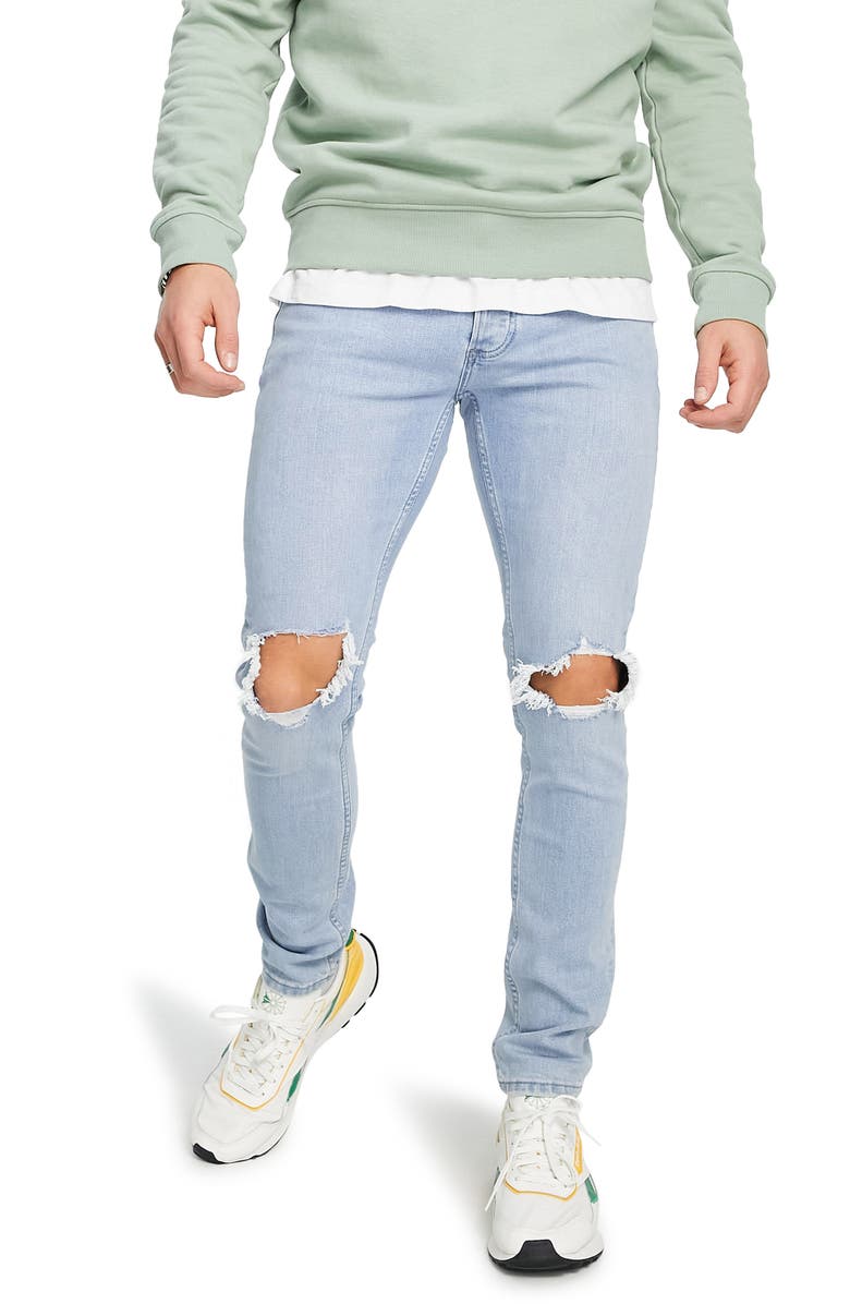 TOPMAN Polly Blowout Ripped Skinny Fit Jeans, Main, color, LIGHT BLUE