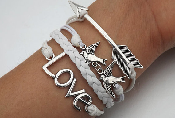 Be kind to each other and love each other bracelet--silver arrow, bird and LOVE bracelet--white wax rope and white Leather braided bracelet