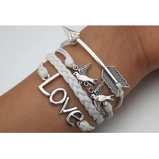 Be kind to each other and love each other bracelet--silver arrow, bird and LOVE bracelet--white wax rope and white Leather braided bracelet