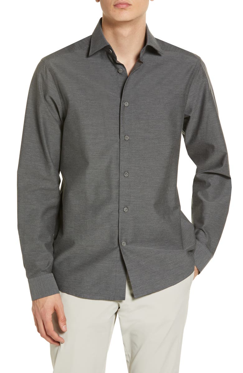 Glen Mélange Cotton Button-Up Shirt, Main, color, GREY