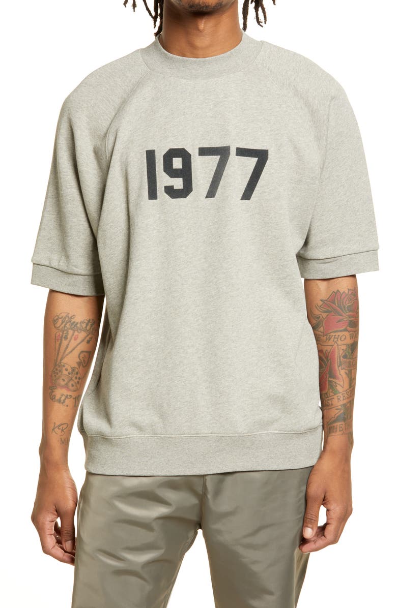 FEAR OF GOD ESSENTIALS Cotton French Terry Short Sleeve Sweatshirt, Main, color, DARK OATMEAL