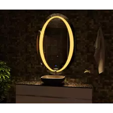 Oval mirror with yellow lights
