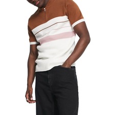 TOPMAN Colorblock Blade Collar Zip Polo, Main, color, TAN