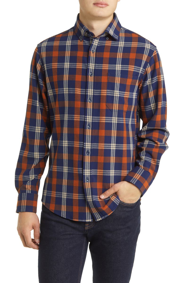 Men's City Trim Fit Plaid Stretch Flannel Button-Down Shirt, Main, color, RUST TAN LARGE MULTI PLAID