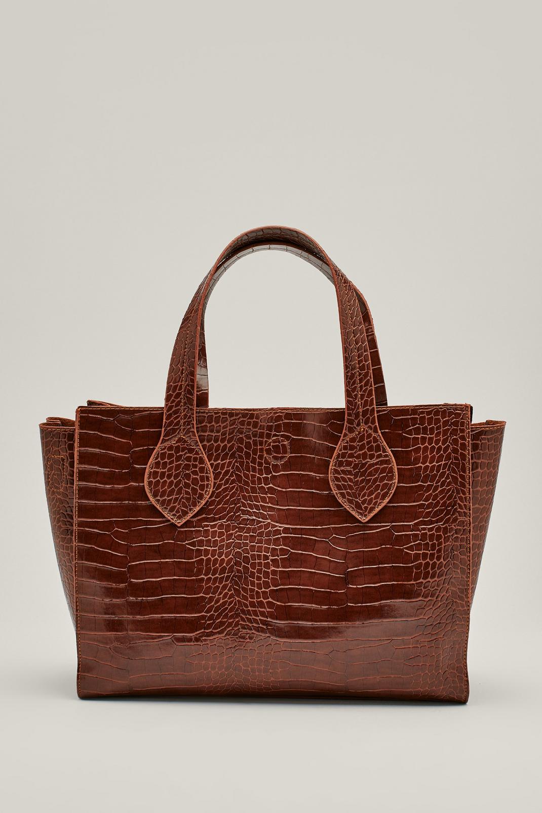 Tan Faux Leather Croc Embossed Day Bag image number 1