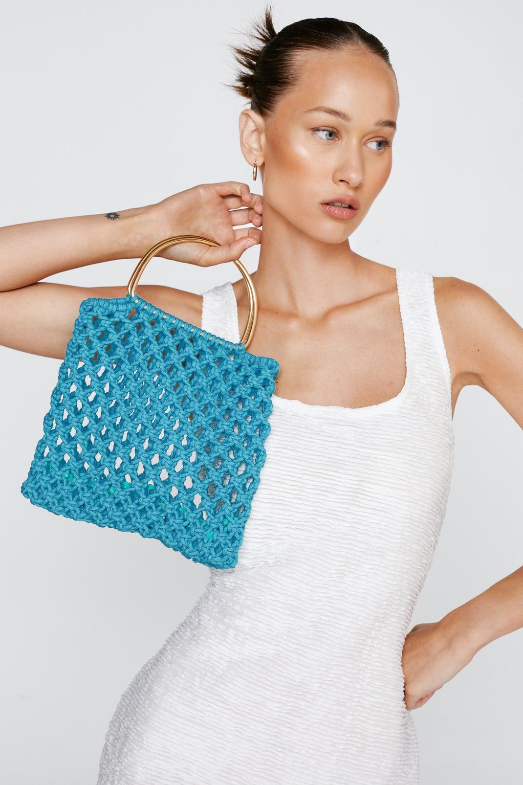 Aqua Square Crochet Tote Bag 