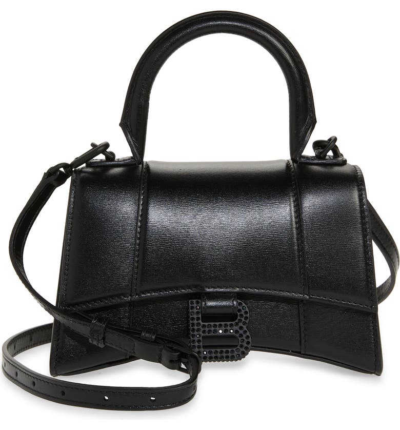 Extra Small Hourglass Leather Top Handle Bag, Main, color, BLACK