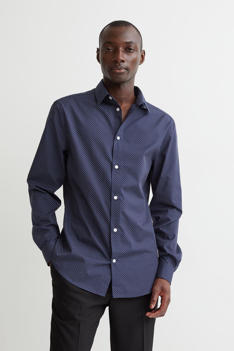 Slim Fit Easy-iron Shirt - Navy blue/dotted - Men 