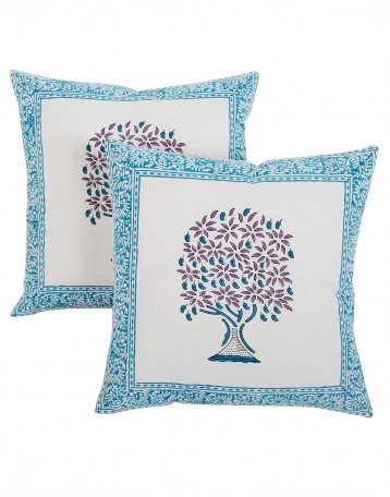 Buy Trendy Hand Block Printed Tree White Cushion Cover (Set Of 2 )