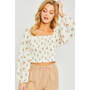 Ivory Woven Print Smocked Long Sleeve