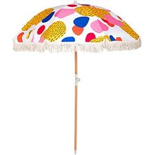 BAMBOO BUNGALOW HUNDREDS AND THOUSANDS PORTABLE BEACH UMBRELLA, TWO METRE UPF 50+ CUSTOM PRINT CANOPY, COTTON TASSELS, STYLISH WOODEN POLE WITH TILT FEATURE