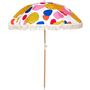BAMBOO BUNGALOW HUNDREDS AND THOUSANDS PORTABLE BEACH UMBRELLA, TWO METRE UPF 50+ CUSTOM PRINT CANOPY, COTTON TASSELS, STYLISH WOODEN POLE WITH TILT FEATURE