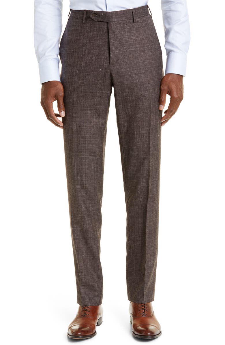 CANALI Milano Solid Wool Blend Flat Front Dress Pants, Main, color, DARK BROWN
