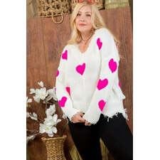 Neon Fuchsia Heart Print Distressed V Neck Long Sleeve Sweater