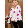 Neon Fuchsia Heart Print Distressed V Neck Long Sleeve Sweater