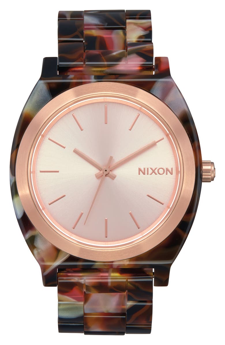 NIXON The Time Teller Acetate Bracelet Watch, 40mm, Main, color, PINK TORTOISE/ ROSE GOLD