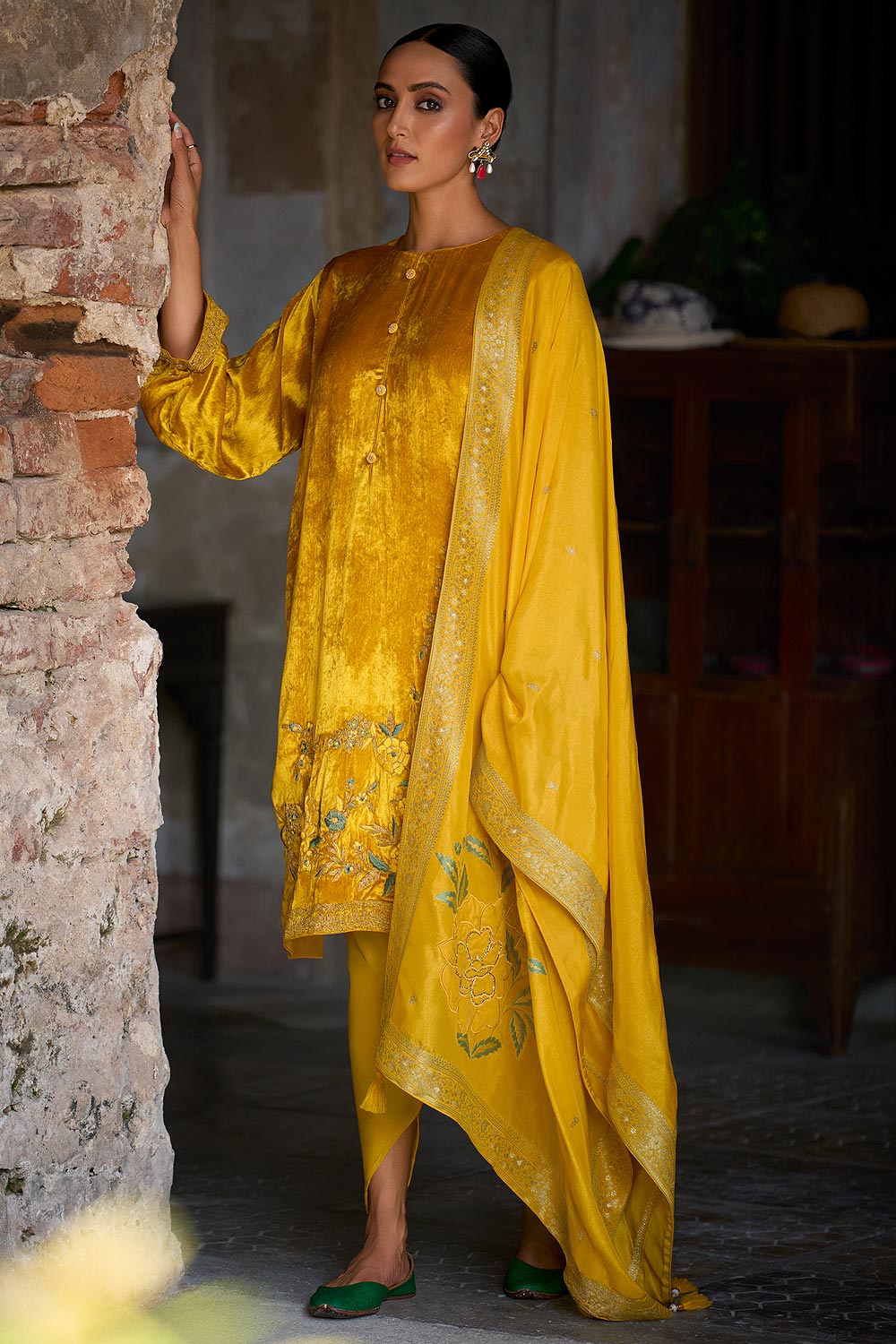 Mustard Velvet Embroidered ...