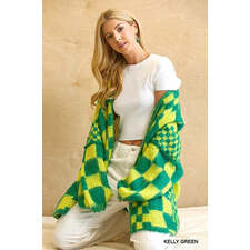 Gingham Pattern Mixed Sweater Cardigan