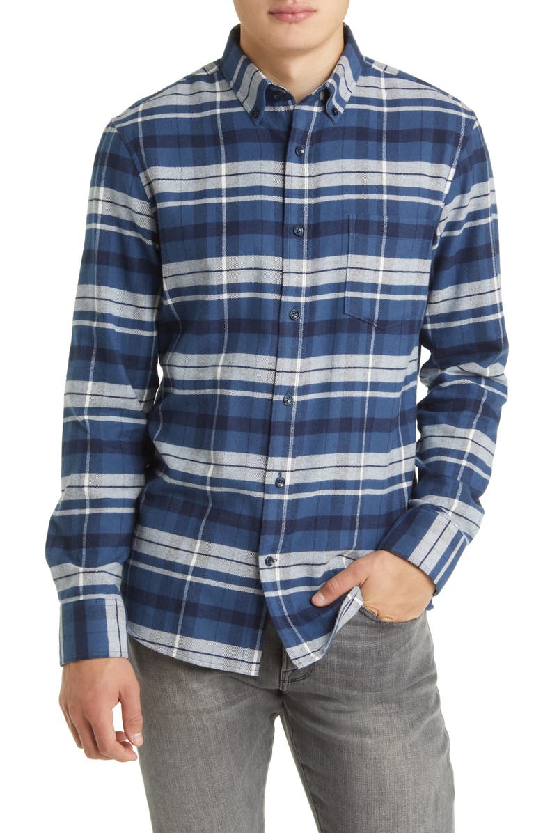 NORDSTROM Plaid Trim Fit Flannel Button-Down Shirt, Main, color, NAVY DENIM ANTHONY PLAID