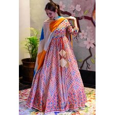 Ready To Wear White Printed Silk Anarkali Gown With Dupatta