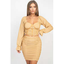 Gold Mini Dress With Sparkling Long Sleeves Ruching Back &amp; Skirts Set