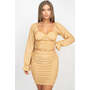 Gold Mini Dress With Sparkling Long Sleeves Ruching Back &amp; Skirts Set