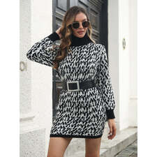 Women's High Collar Wool Dress Women's Jacquard Long Sleeve Knitted Dress - Pattern