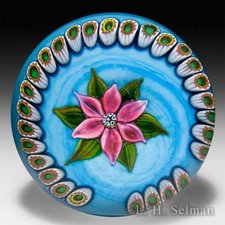 Ronald Hansen pink clematis & millefiori garland on blue by Ronald Hansen