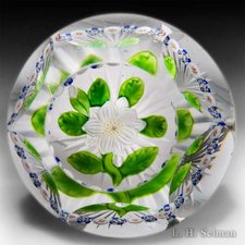 Antique Baccarat faceted white double clematis with bud and millefiori garland paperweight. by Baccarat Antique