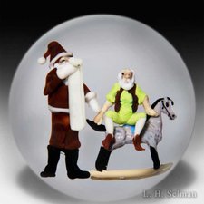 DOnofrio 'Santas List' Santa w/list, elf, gray hobby horse by Jim D'Onofrio