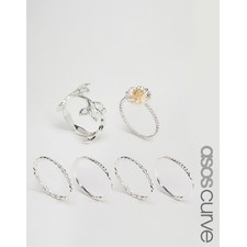 ASOS CURVE Pack of 6 Leaf and Daisy Ring Pack