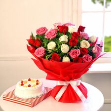 Bunch Of Multi-Colored Roses With Pineapple Cake