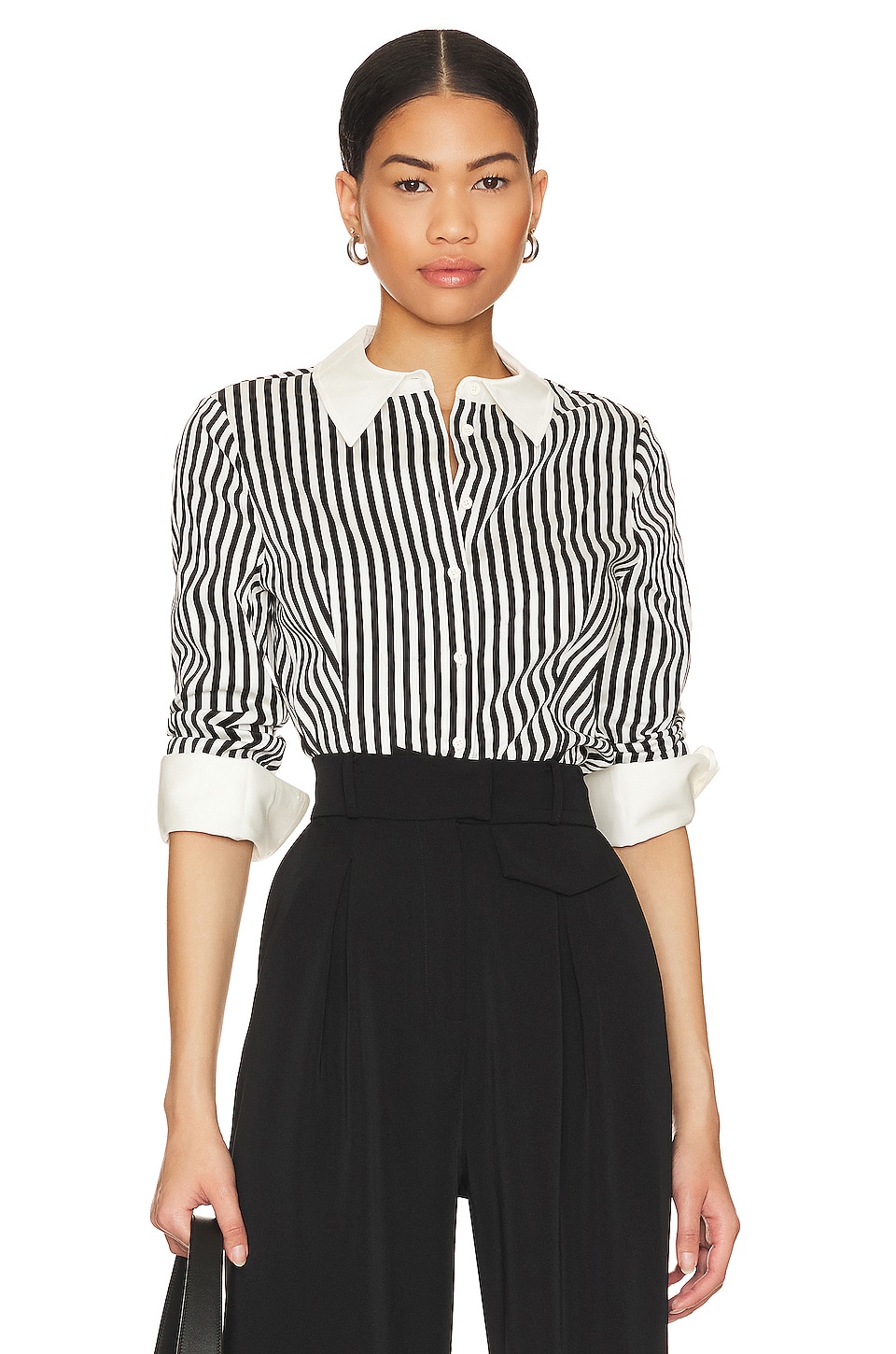 Alice   Olivia Melia Fitted Dart Button Up Top in Joy Stripe | REVOLVE