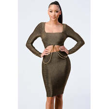 Brown Luxe Waist Gold Chain Cut-out Detail Square Neck Glitter Bodycon Dress