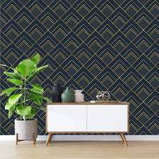 Geometric Art Deco Gold Blue Wallpaper Monochrome Embossed image 1
