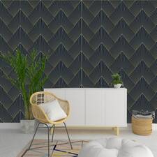 Geometric Art Deco Blue Gold Wallpaper Monochrome Embossed image 1
